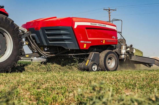 The Massey Ferguson SB.1436DB small square baler produces two rows of bales per field pass, doubling output of a single baler that produces 14-by-18-inch bales