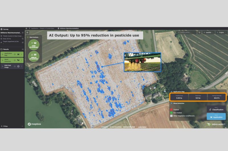 Resource efficiency through AI: Pheno-Inspect generates precise application maps for targeted spot spraying, enabling potential pesticide reductions of up to 95% and significantly lowering input costs.