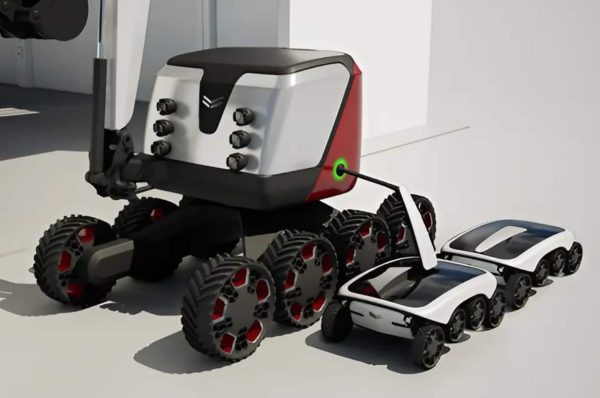 Self-propelled battery vehicle automatically supplying power to electric construction equipment.